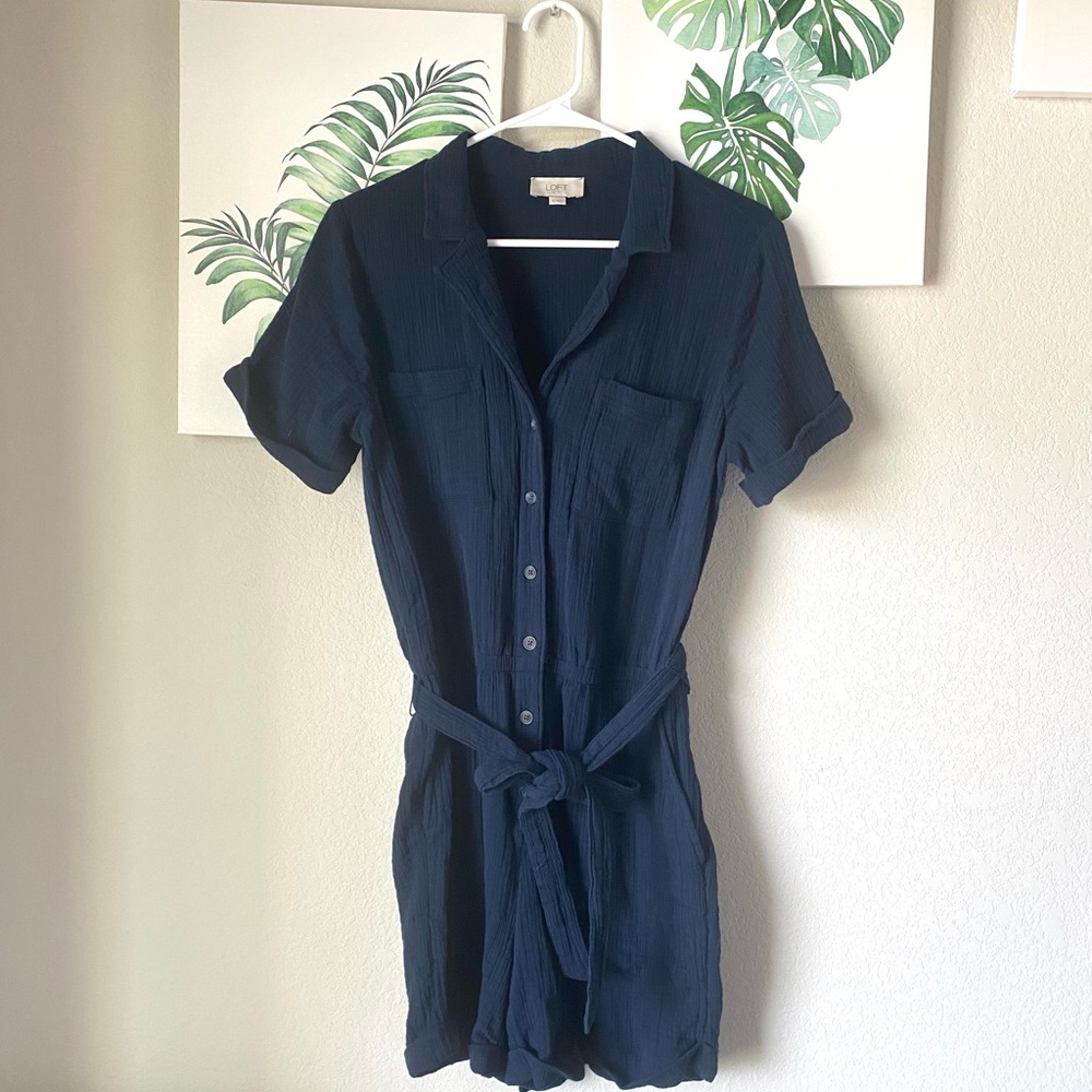 Loft - Button Down Collared Romper In Navy Blue - image 1